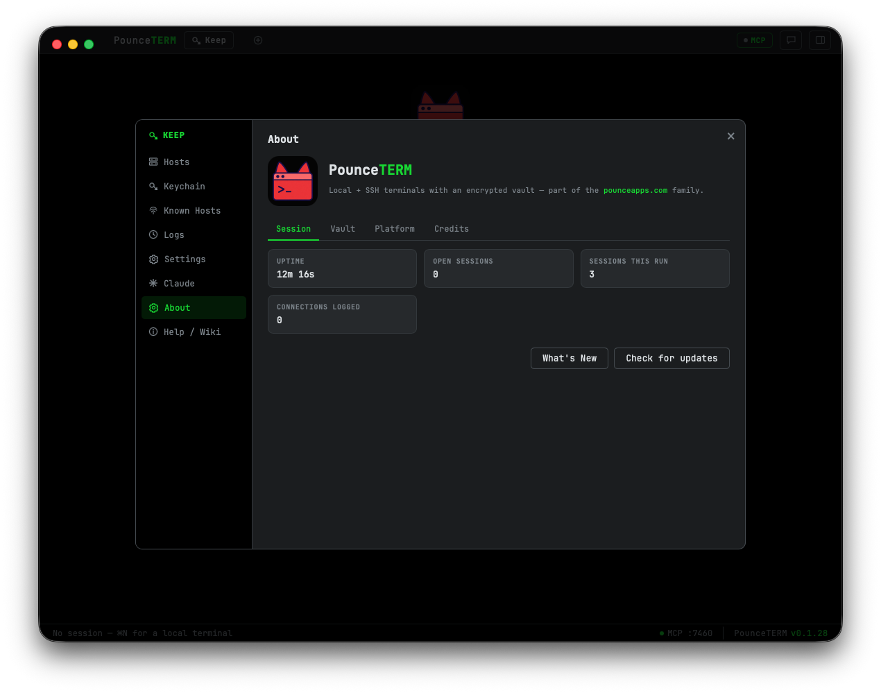 PounceTERM about screen with live session stats