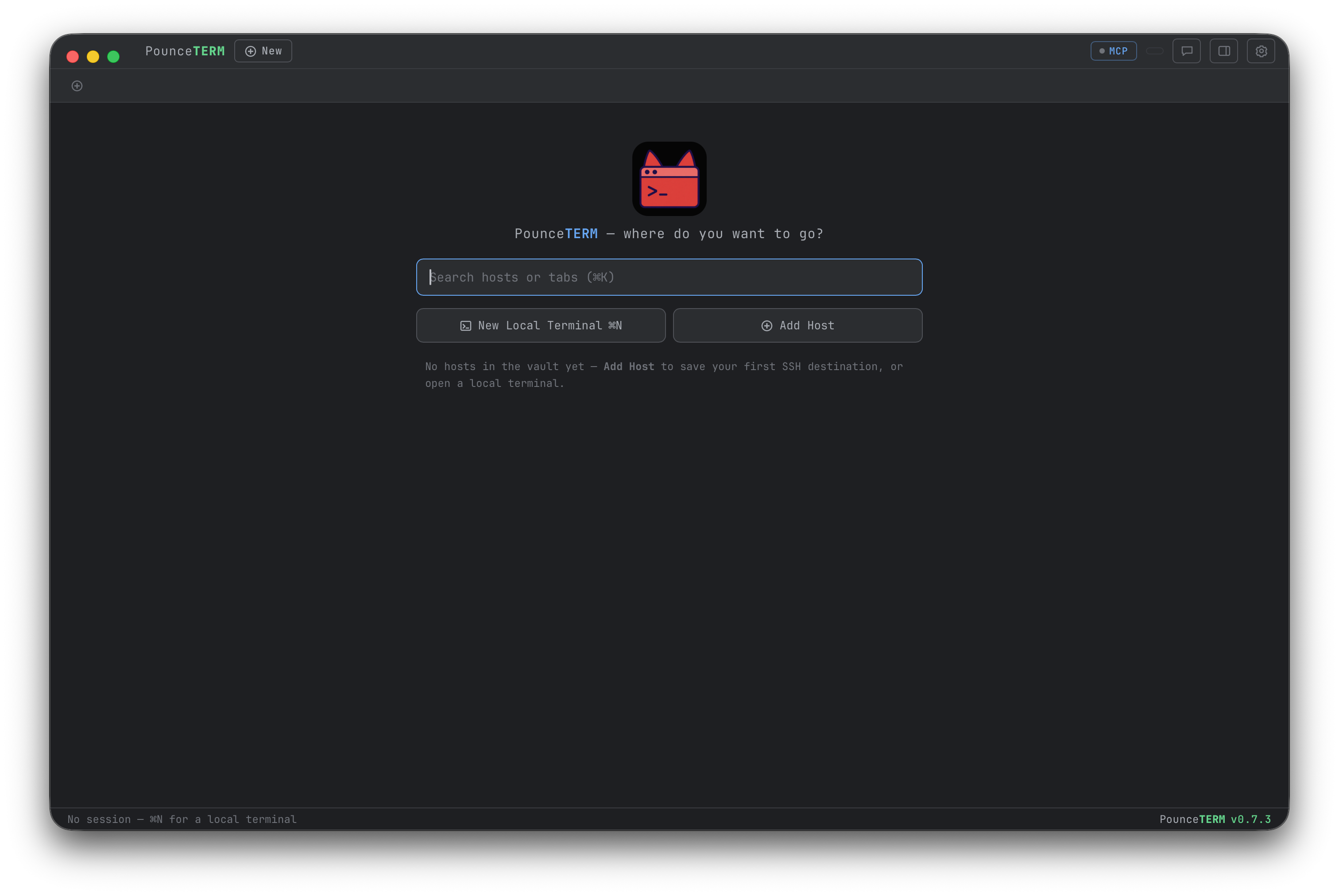 PounceTERM launch screen with a host search box, New Local Terminal and Add Host