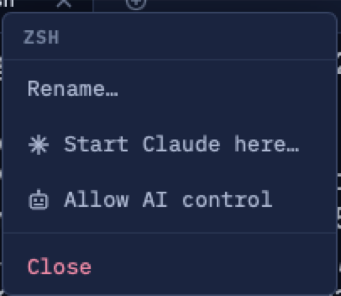 Tab context menu with Start Claude here and Allow AI control