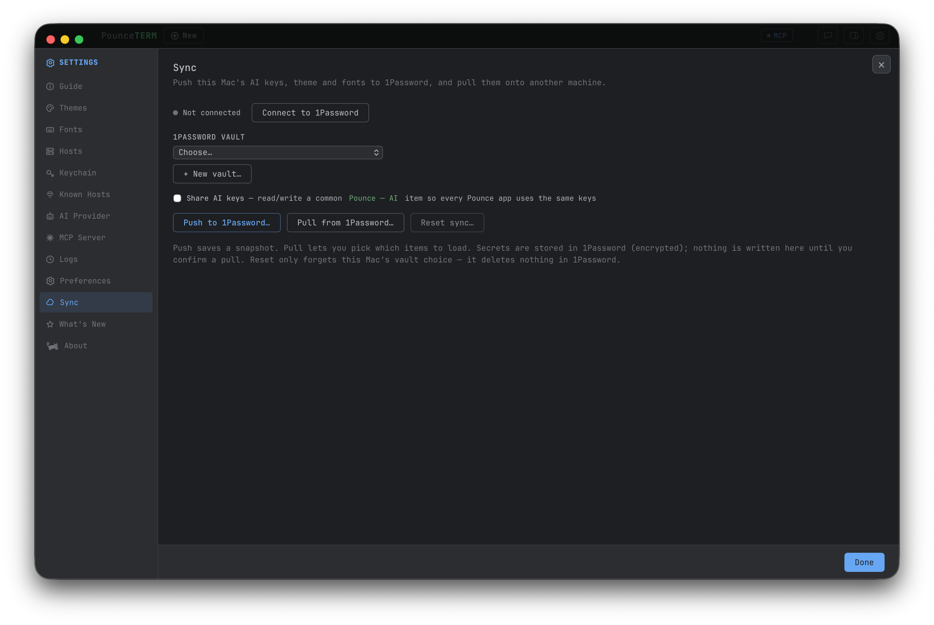 PounceTERM Settings → Sync with push and pull to 1Password