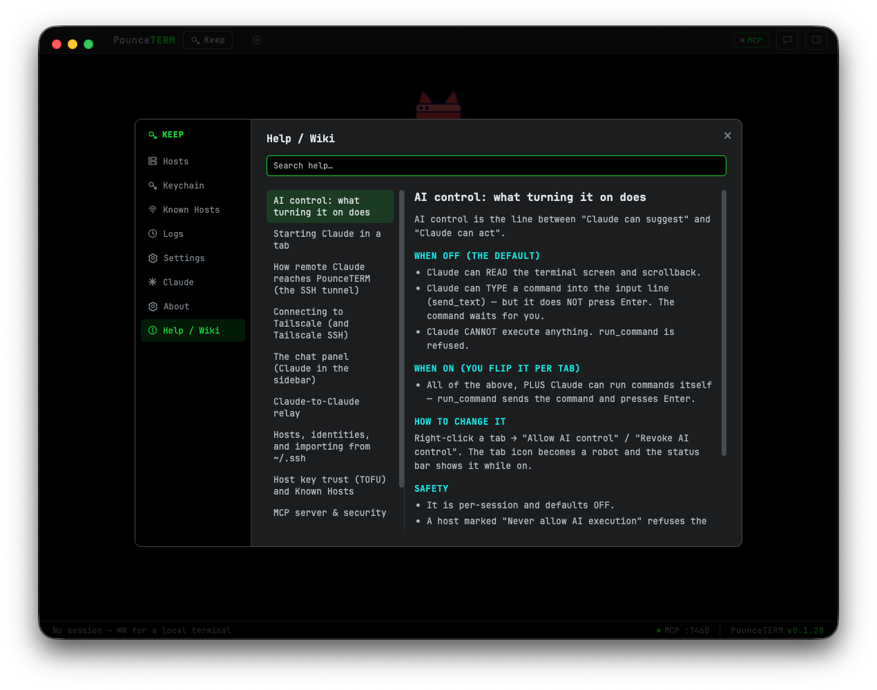 PounceTERM built-in searchable wiki