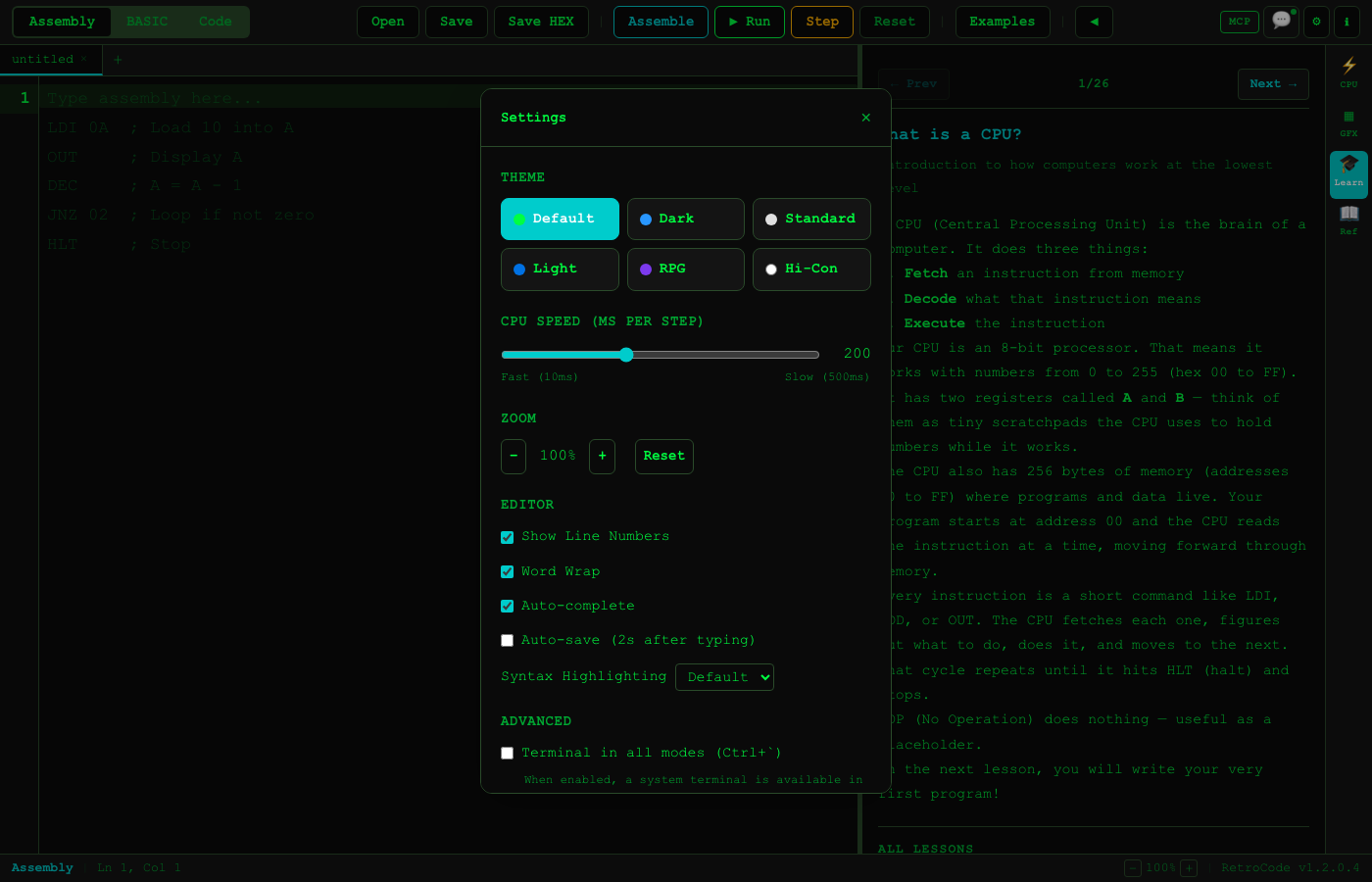 RetroCode settings and themes