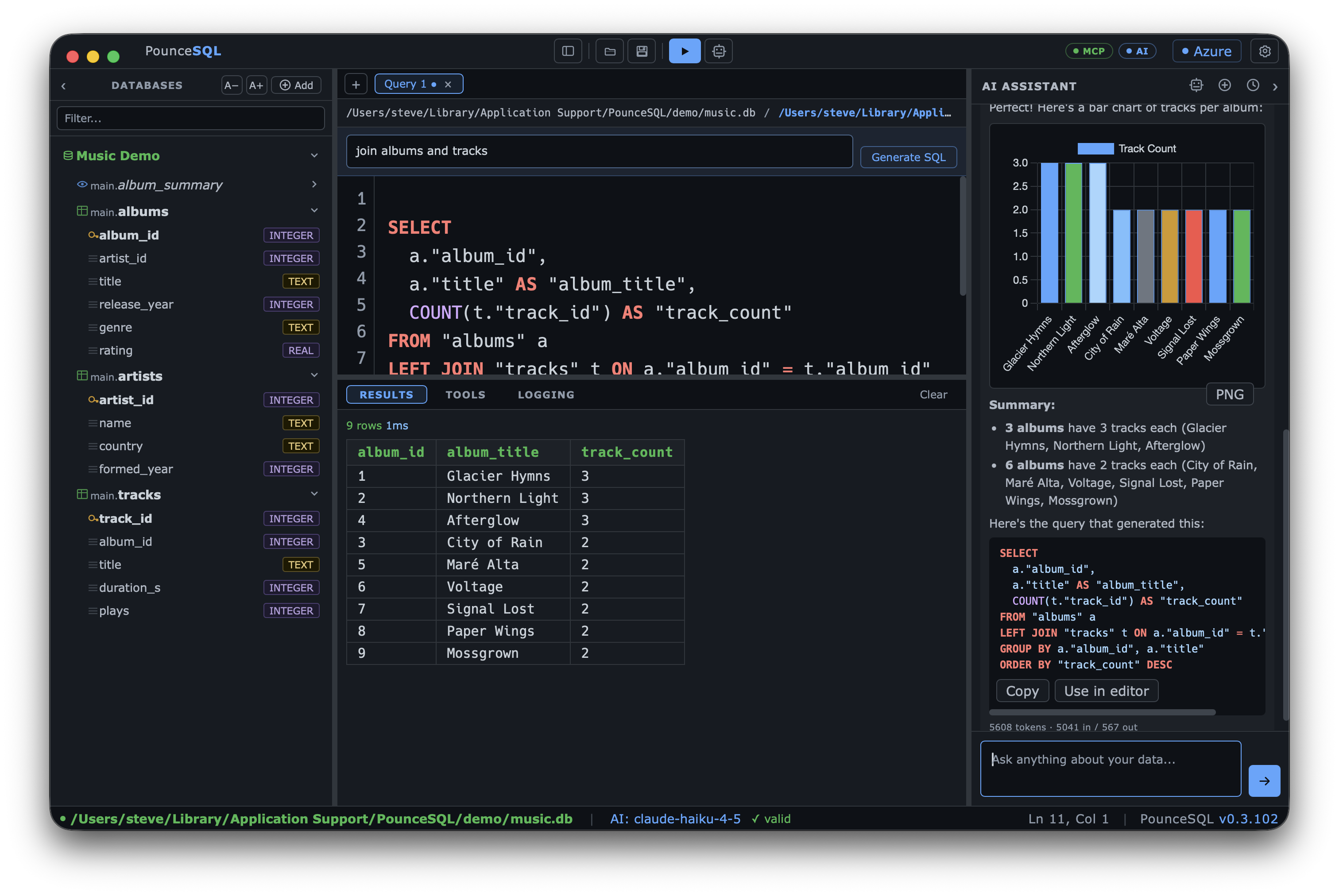 PounceSQL running a query with results