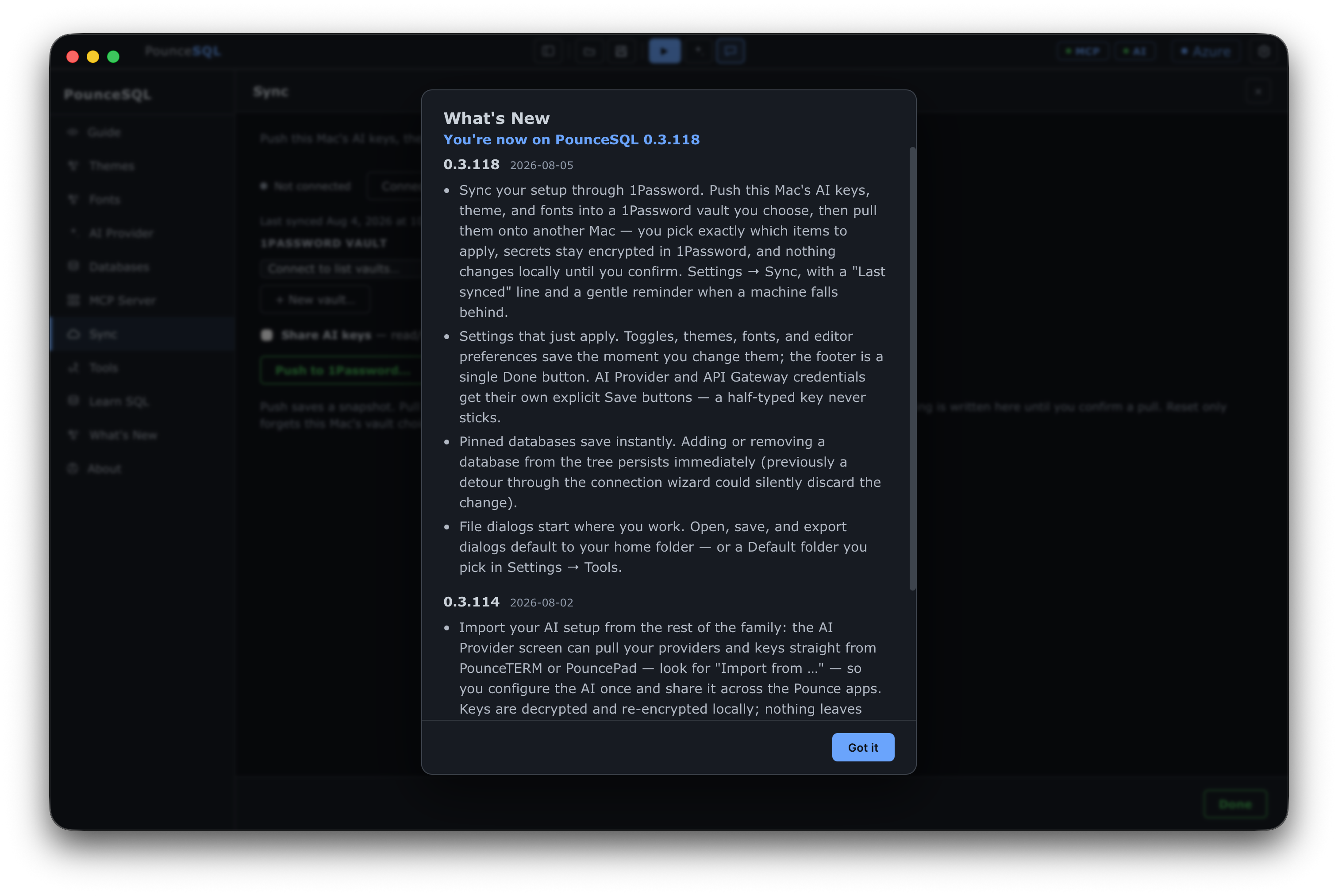 PounceSQL Settings → Sync with the 0.3.118 What’s New notes